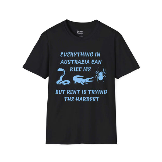 Black t-shirt with blue text and graphics on a white background