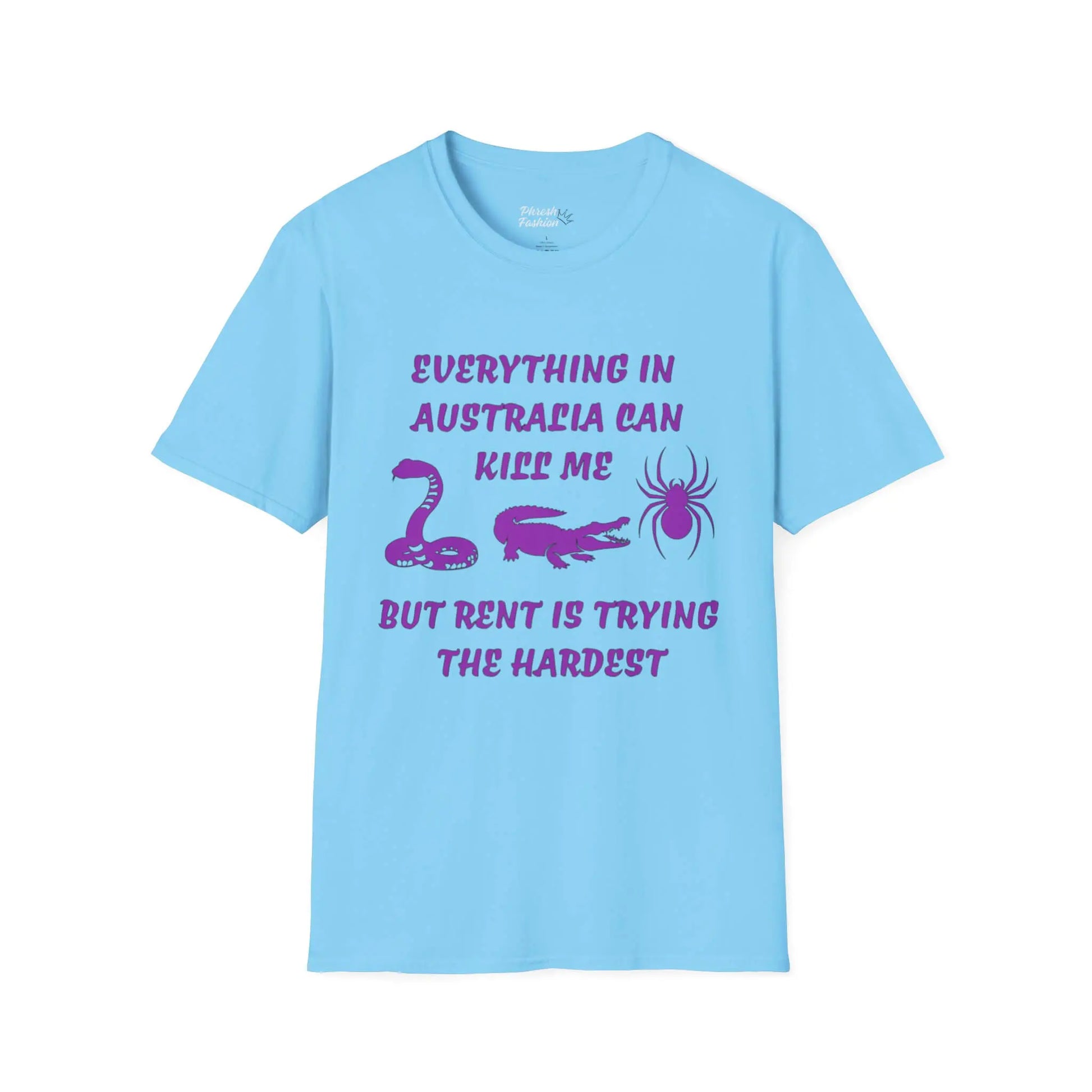 Light blue t-shirt with purple text and graphics on a white background