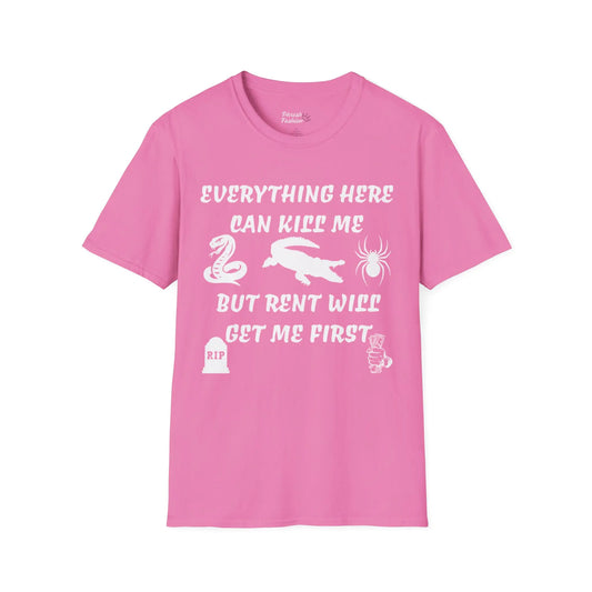 Pink t-shirt with white text and graphics on a white background