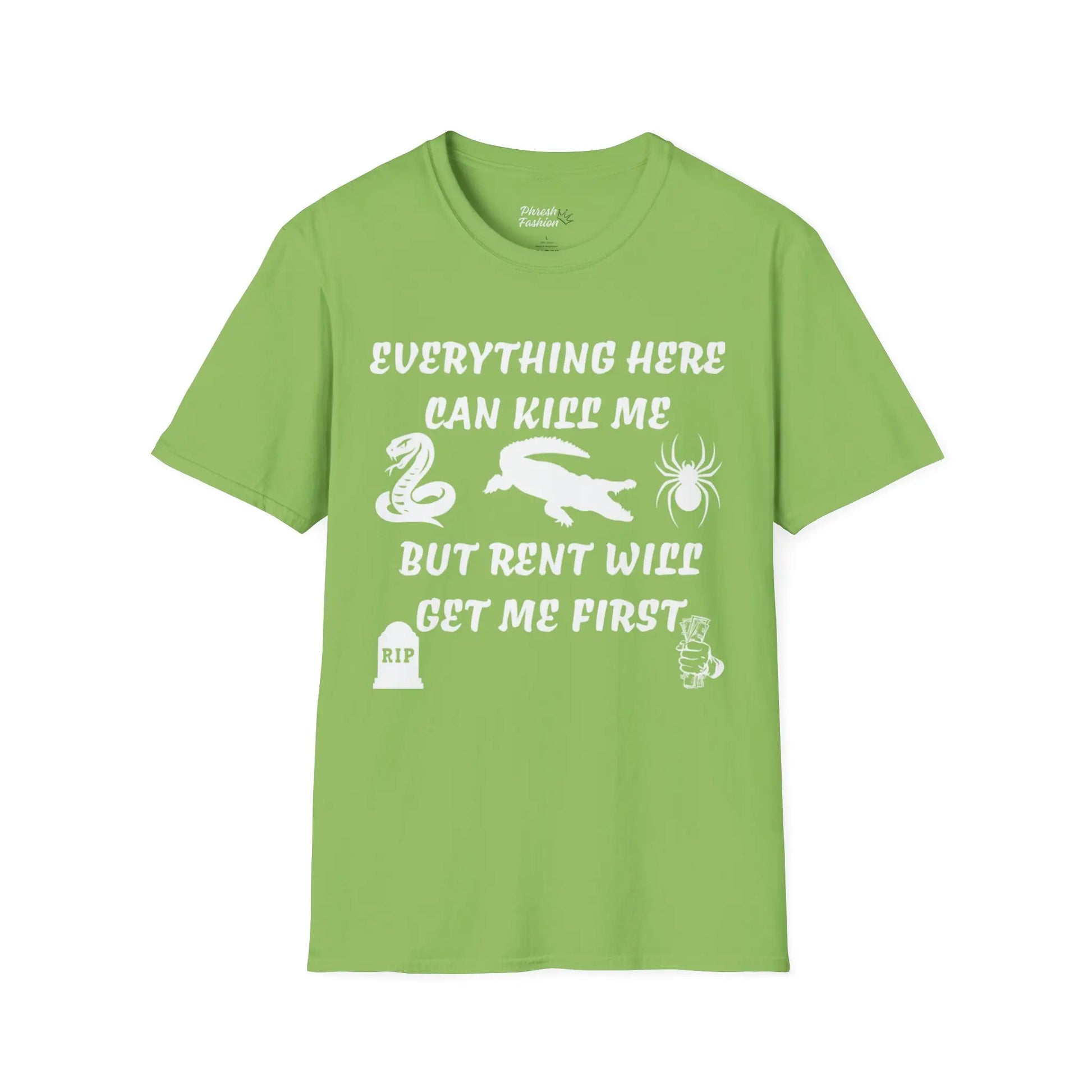 Green t-shirt with white text and graphics on a white background