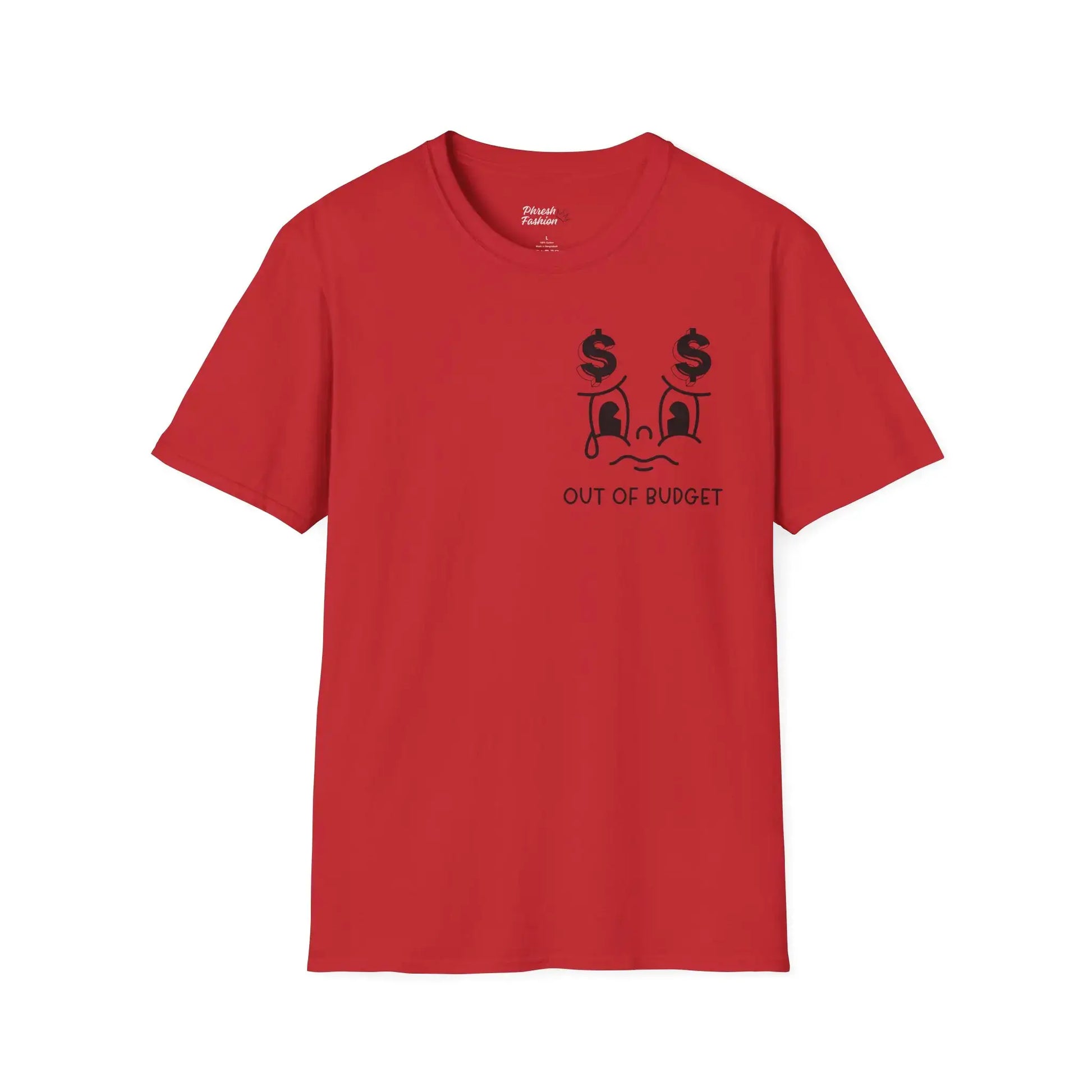 Front View Too Broke to Live, Too Broke to Die Tee in red with bold text.