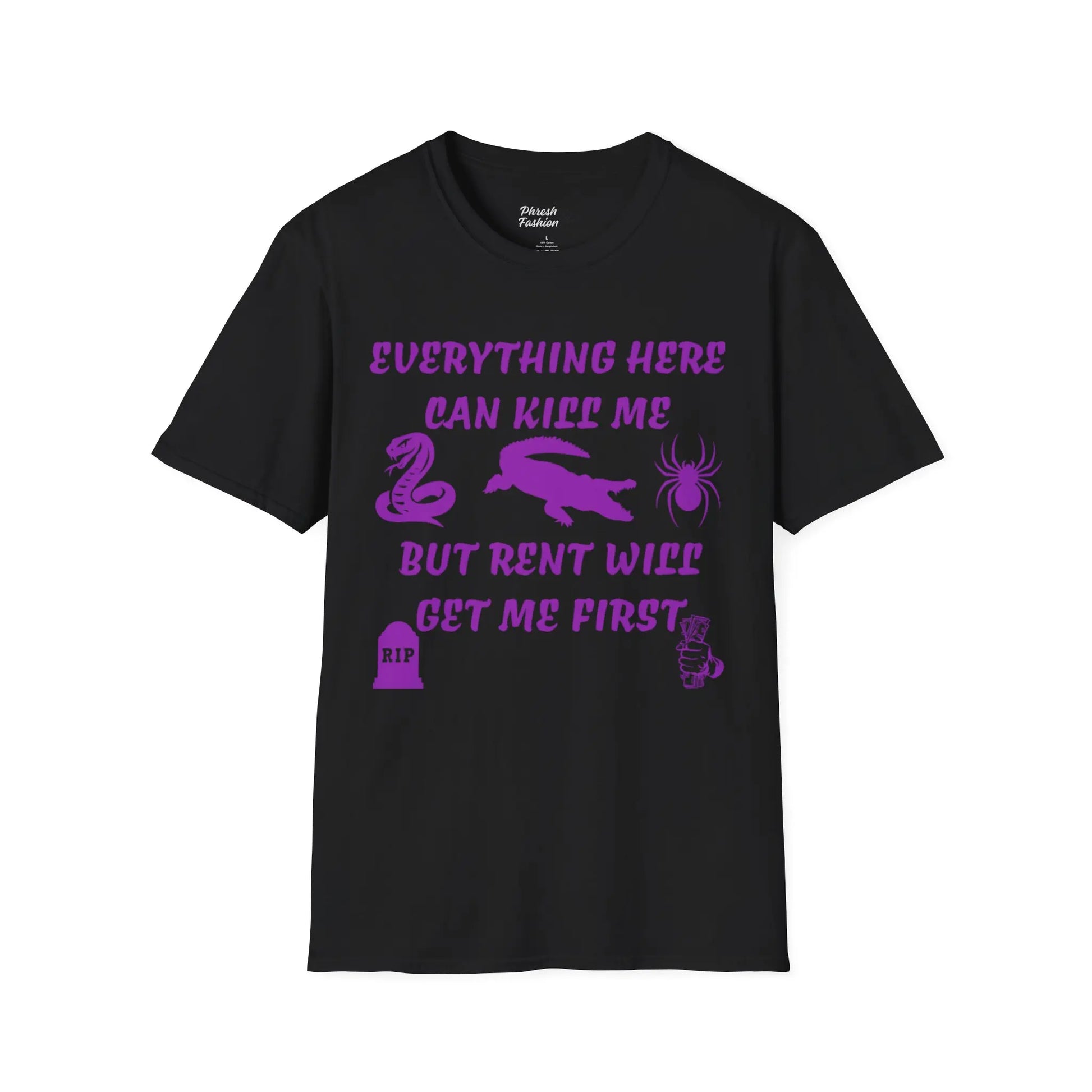 Black t-shirt with purple graphic and text on a white background