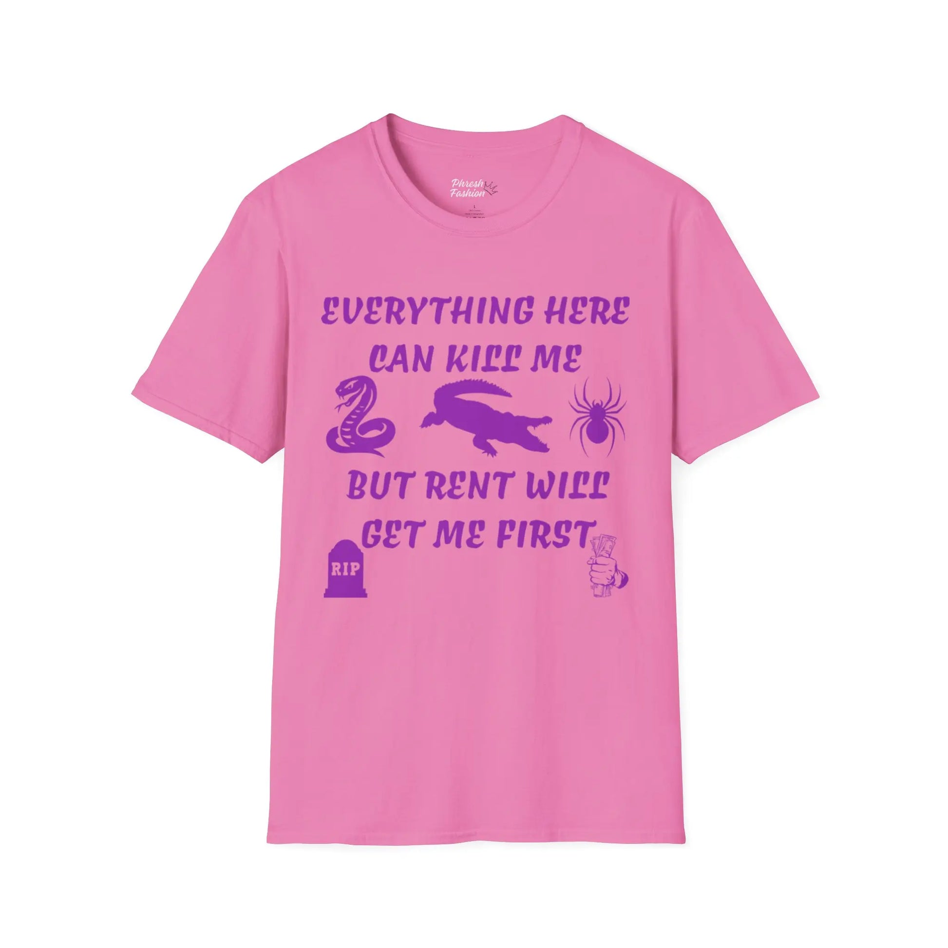 Pink t-shirt with purple text and graphics on a white background