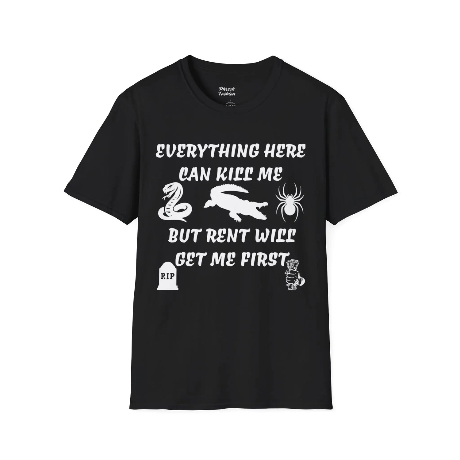 Black t-shirt with white text and graphics on a white background