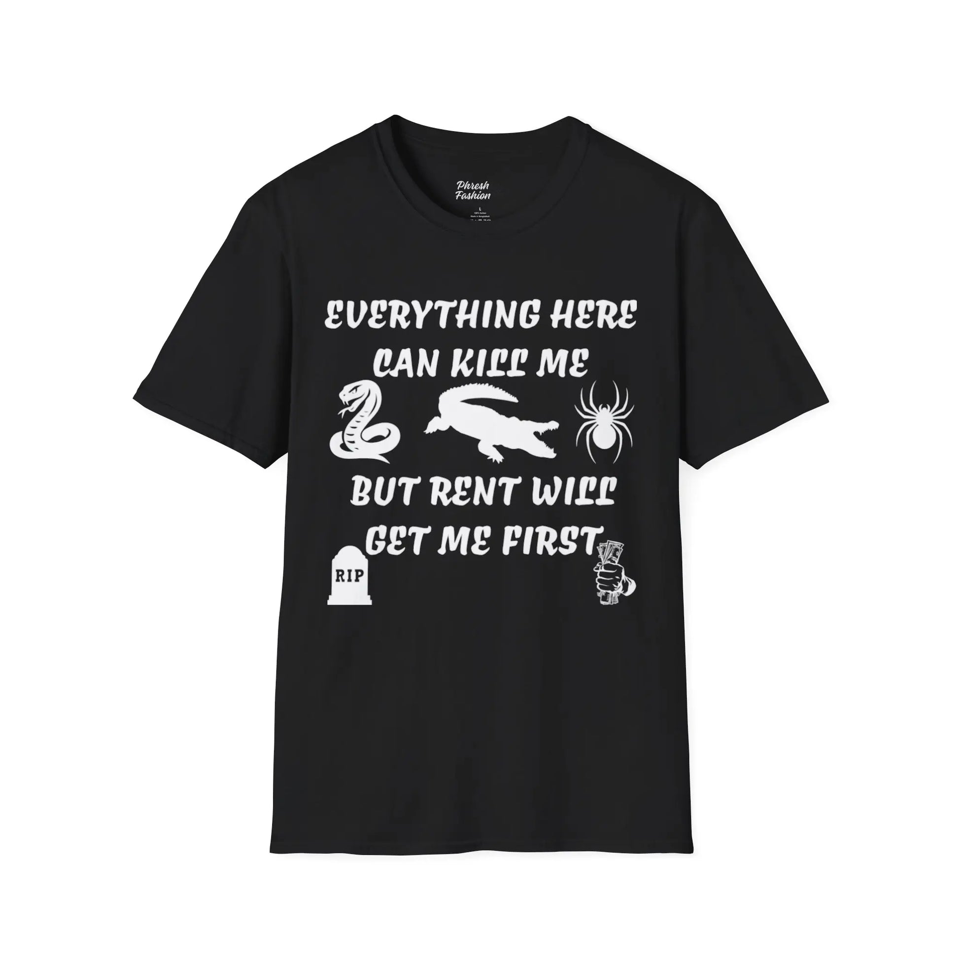 Black t-shirt with white text and graphics on a white background