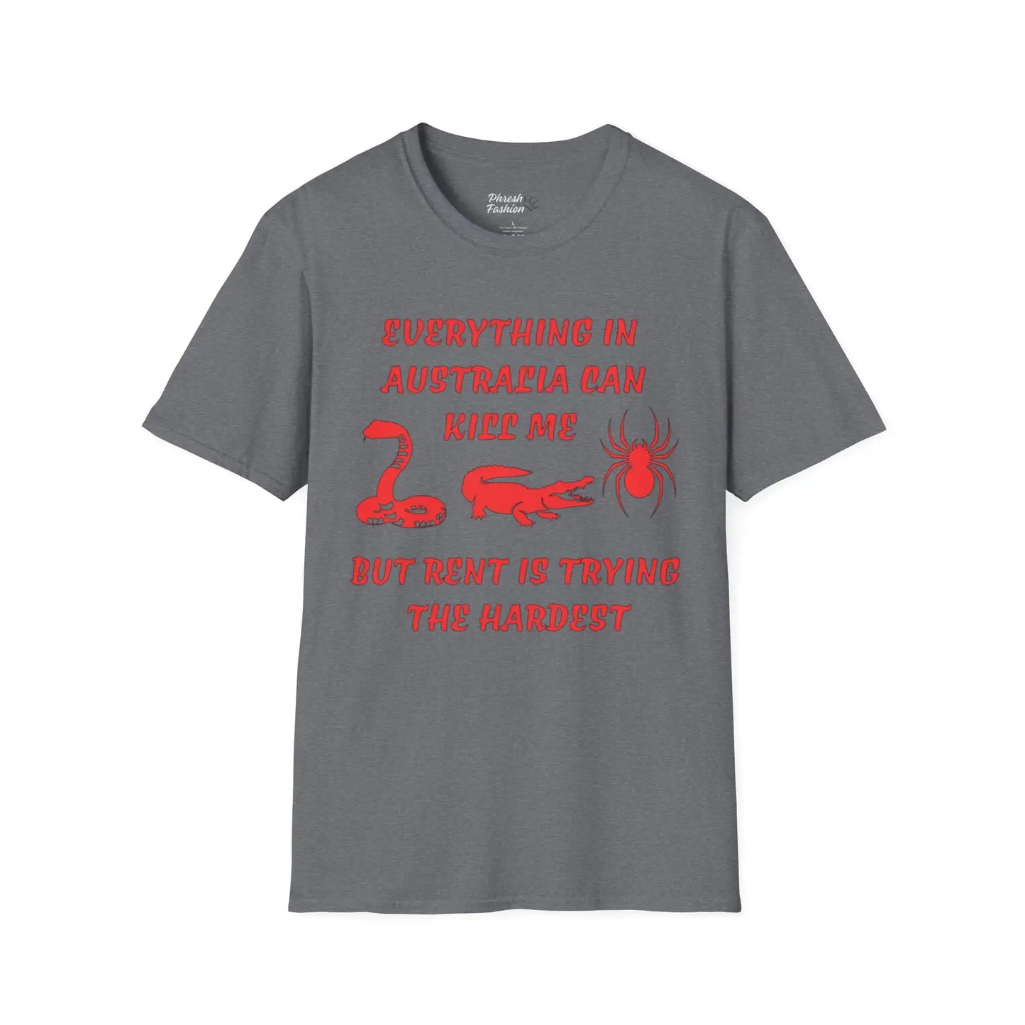 Gray t-shirt with red text and graphics on a white background