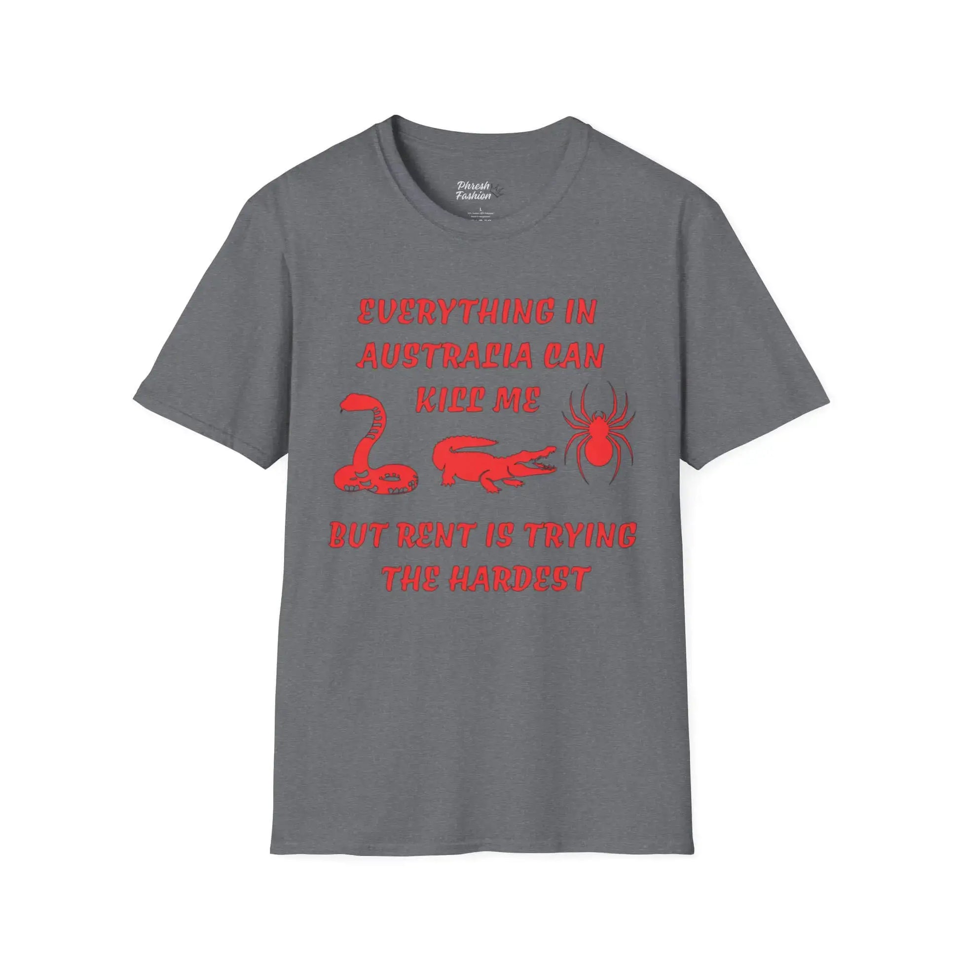Gray t-shirt with red text and graphics on a white background