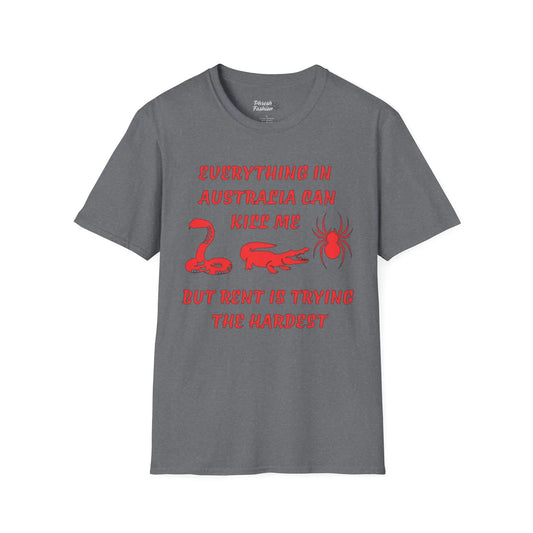 Gray t-shirt with red text and graphics on a white background