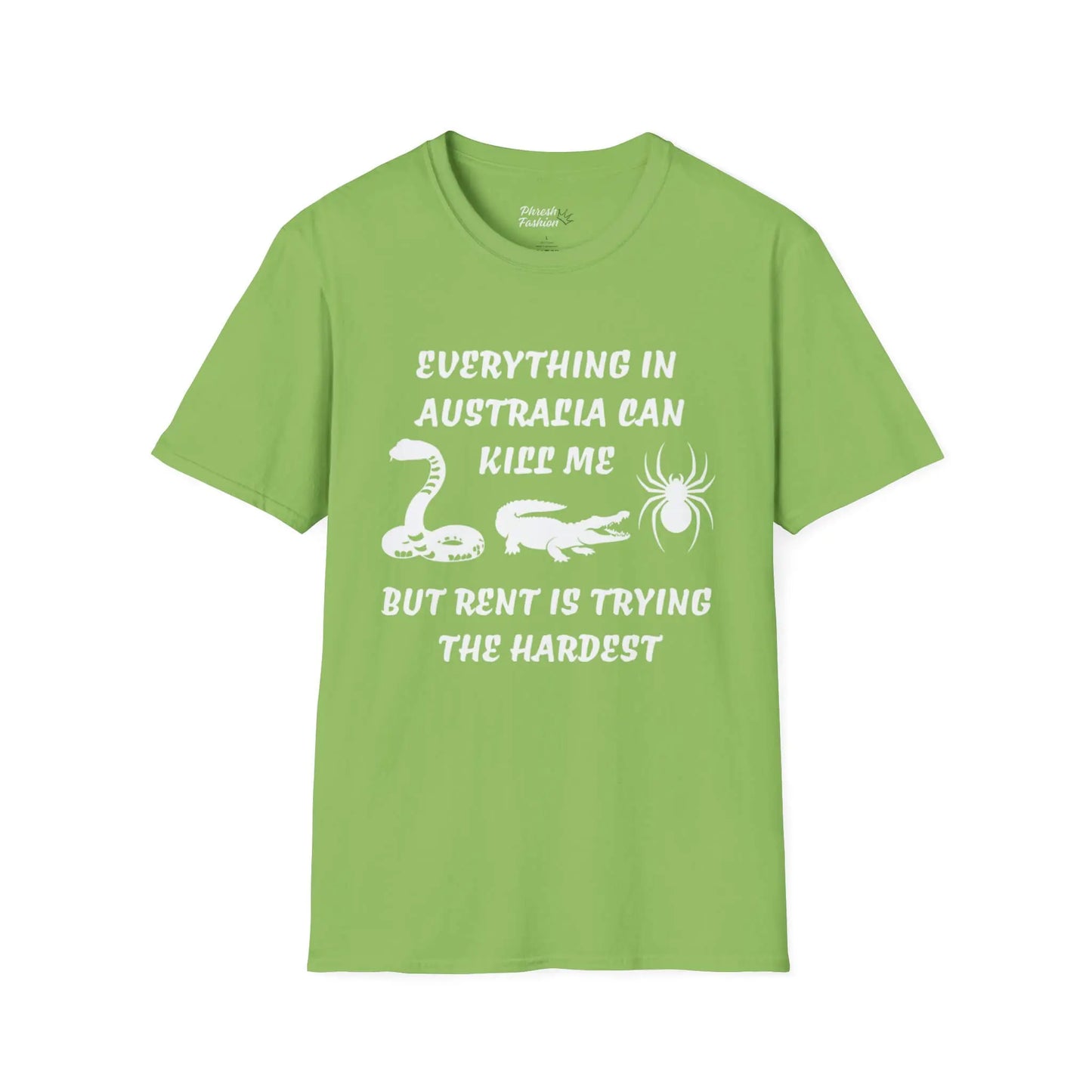 Green t-shirt with white text on a white background