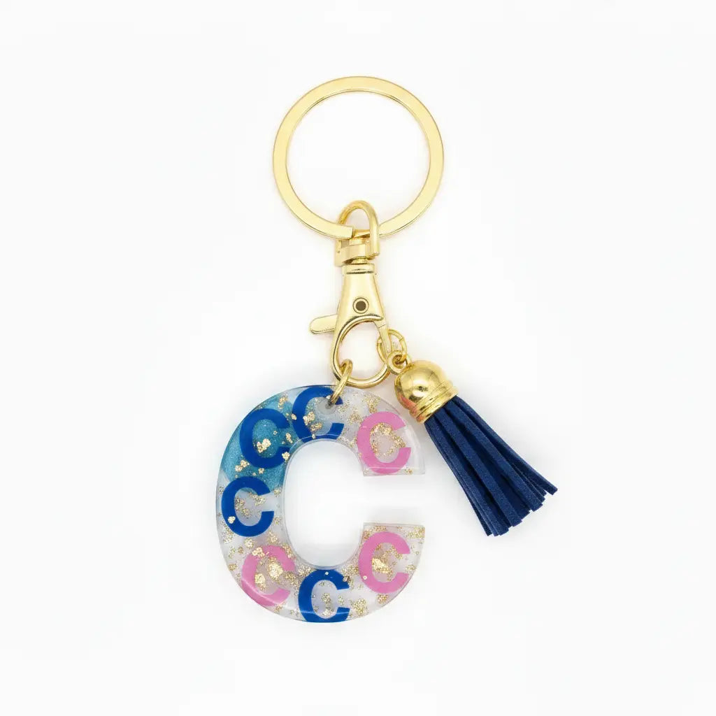 Personalised Letter C Resin Keyring with Dark Blue Tassel | Phresh Fashion