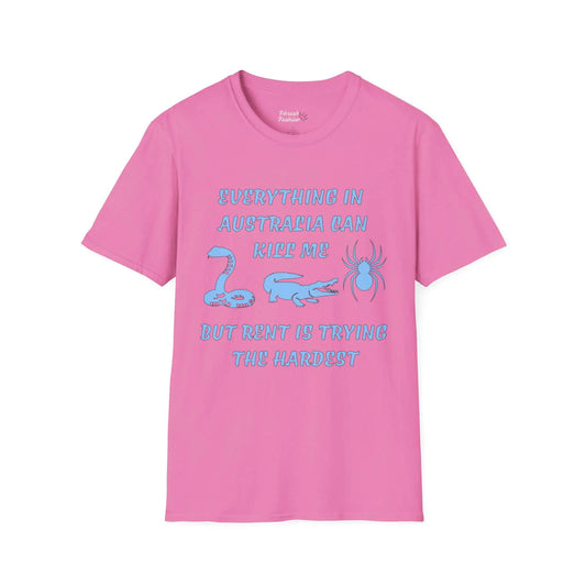 Pink t-shirt with text and illustrations on a white background
