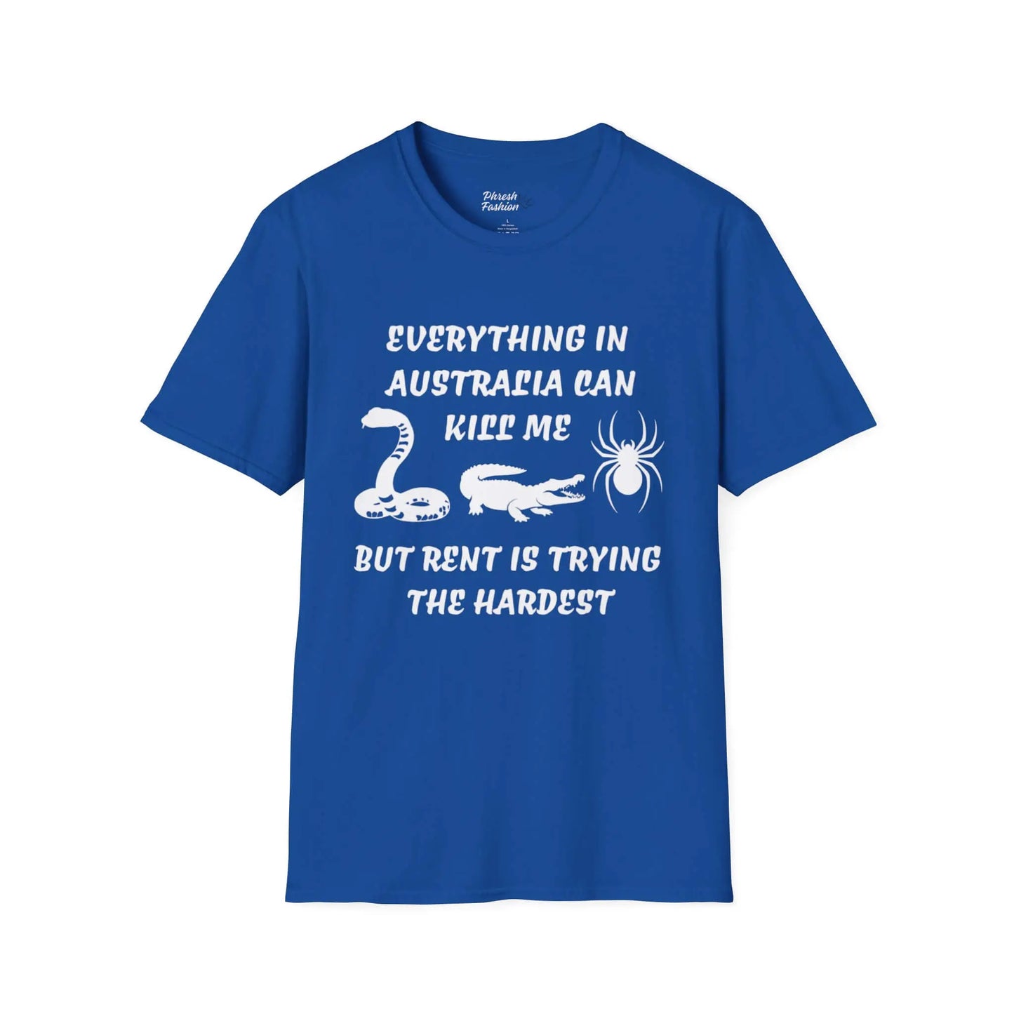 Blue t-shirt with white text and graphics on a white background
