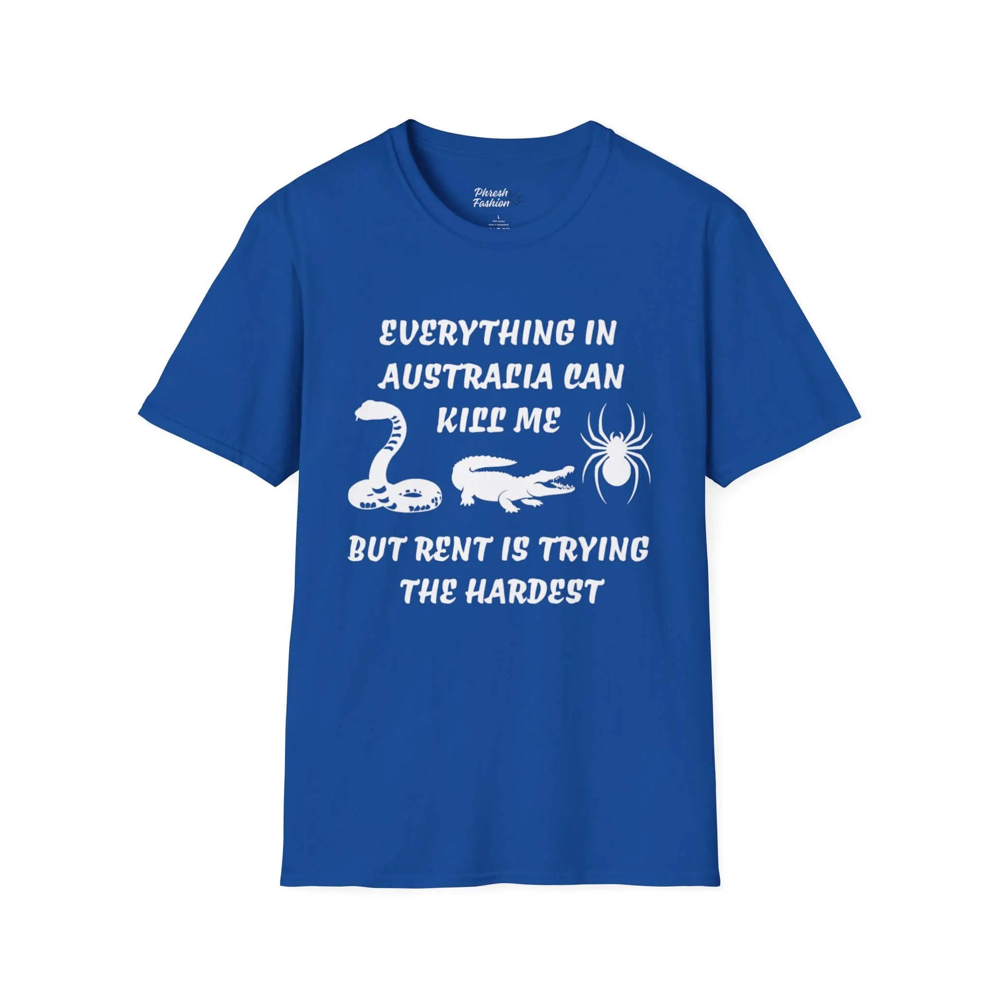 Blue t-shirt with white text and graphics on a white background