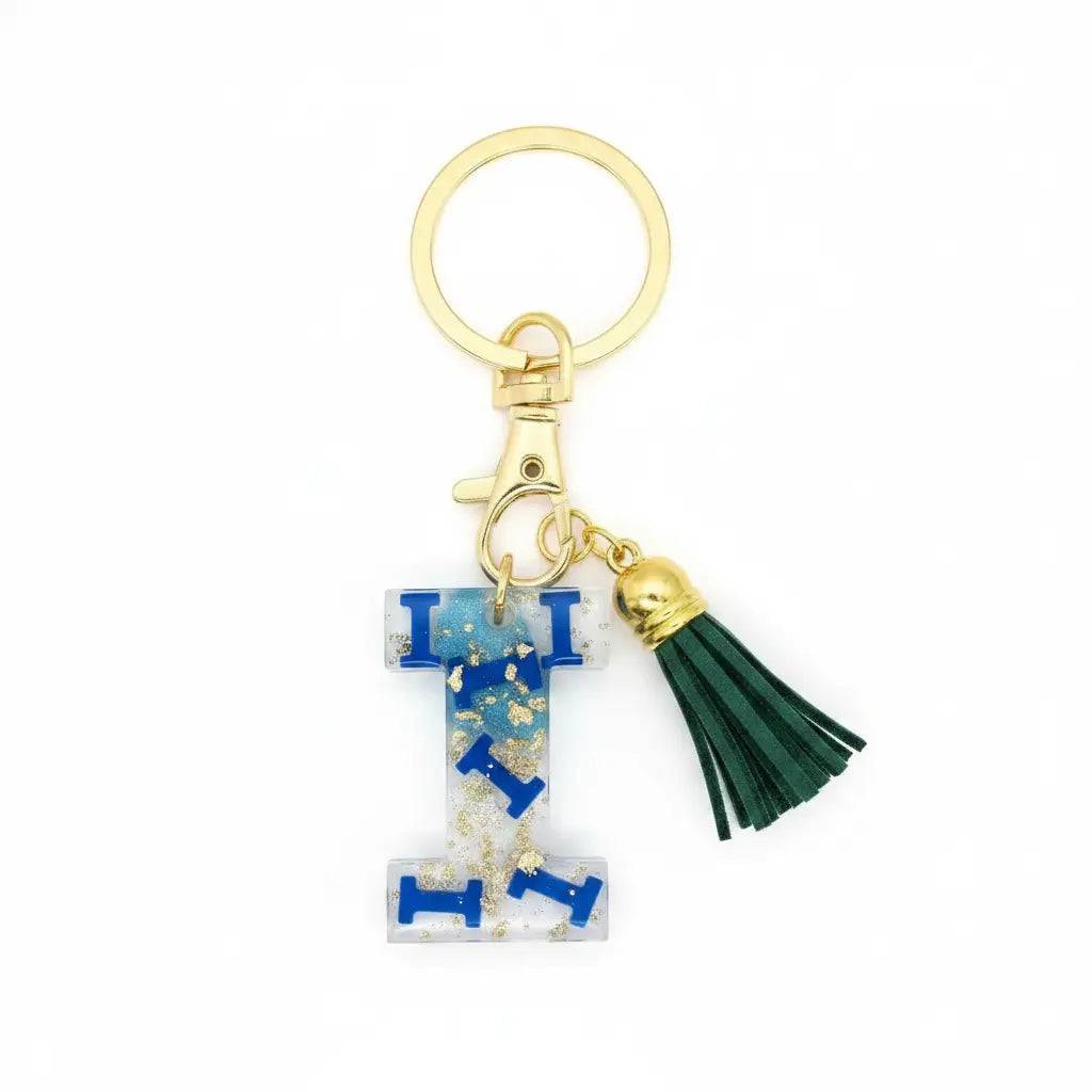 Personalised Letter I Resin Keyring with Green Tassel | Phresh Fashion