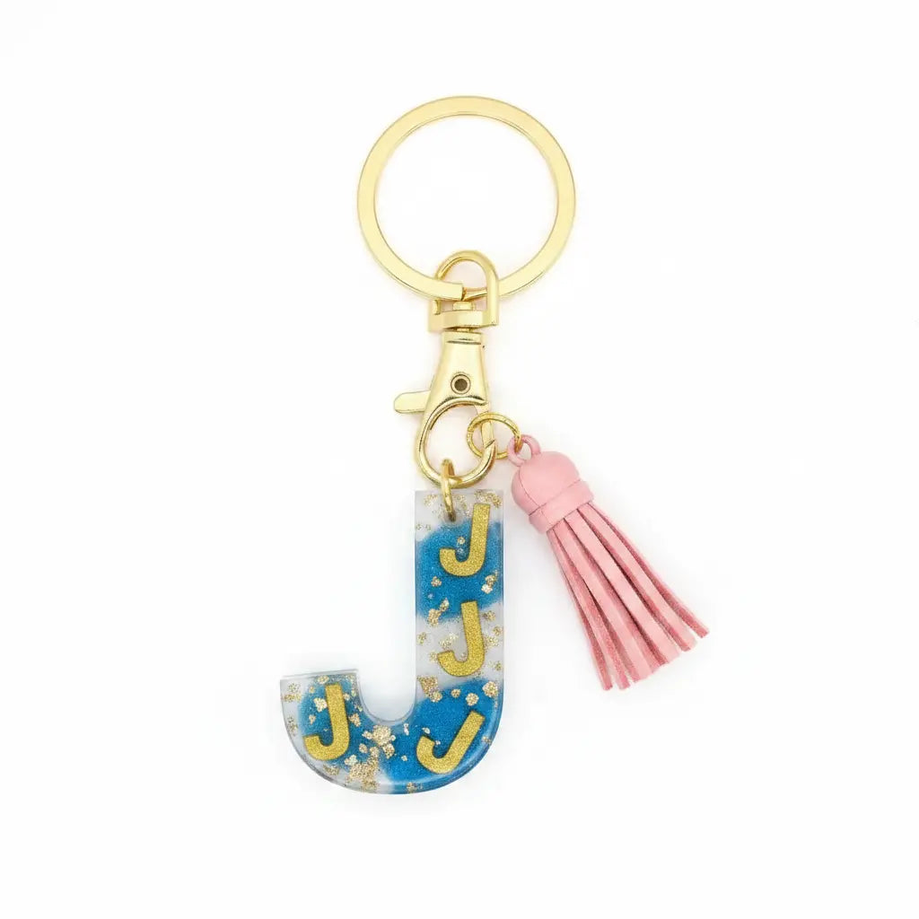 Personalised Letter J Resin Keyring with Pink Tassel | Phresh Fashion