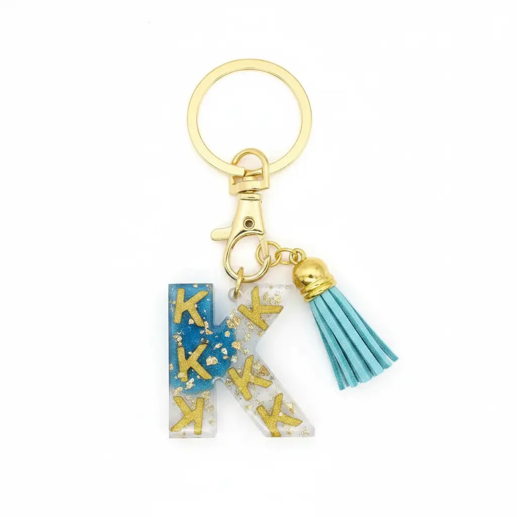 Personalised Letter K Resin Keyring with Light Blue Tassel | Phresh Fashion