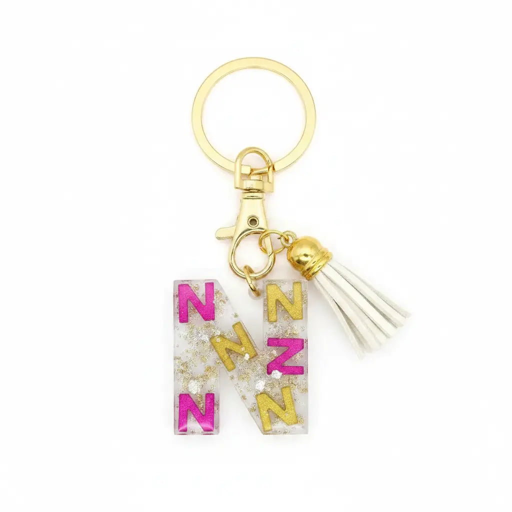 Personalised Letter N Resin Keyring with White Tassel | Phresh Fashion