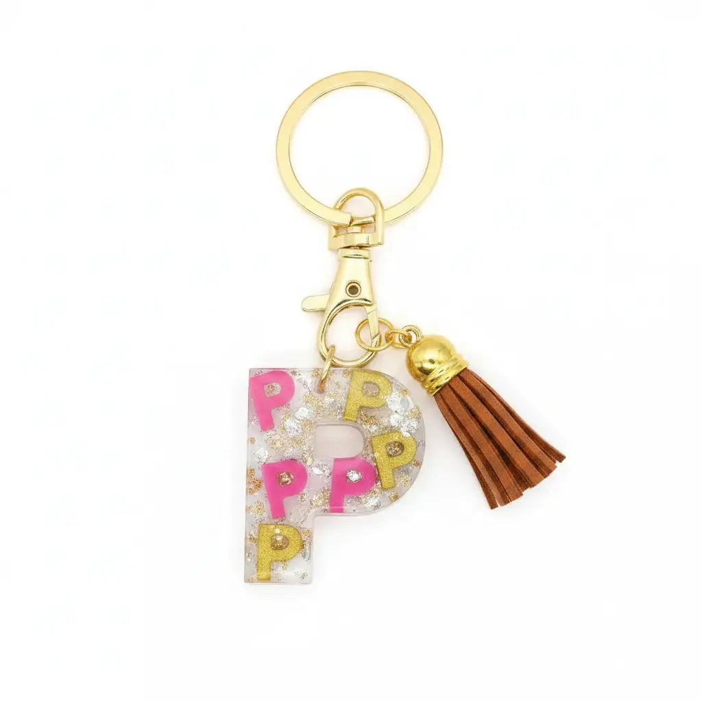 Personalised Letter P Resin Keyring with Brown Tassel | Phresh Fashion