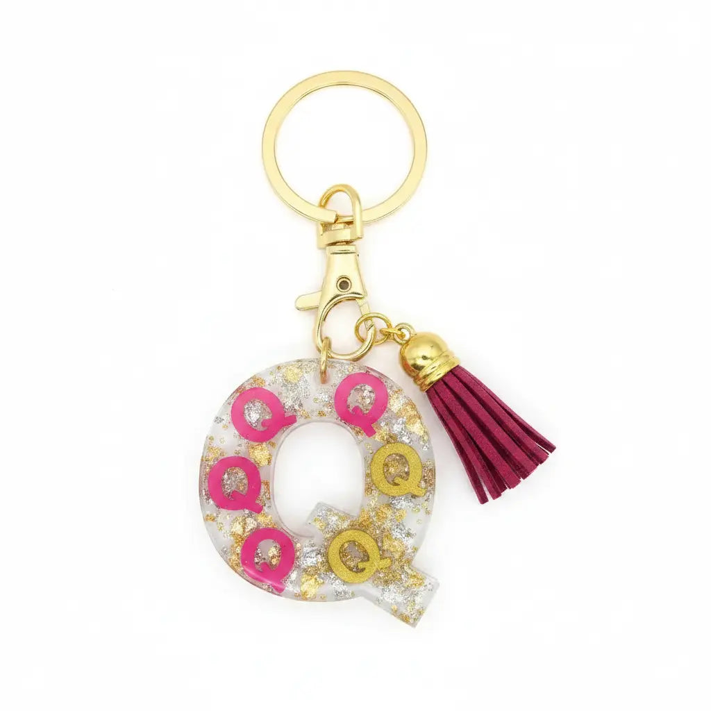 Personalised Letter Q Resin Keyring with Dark Pink Tassel | Phresh Fashion