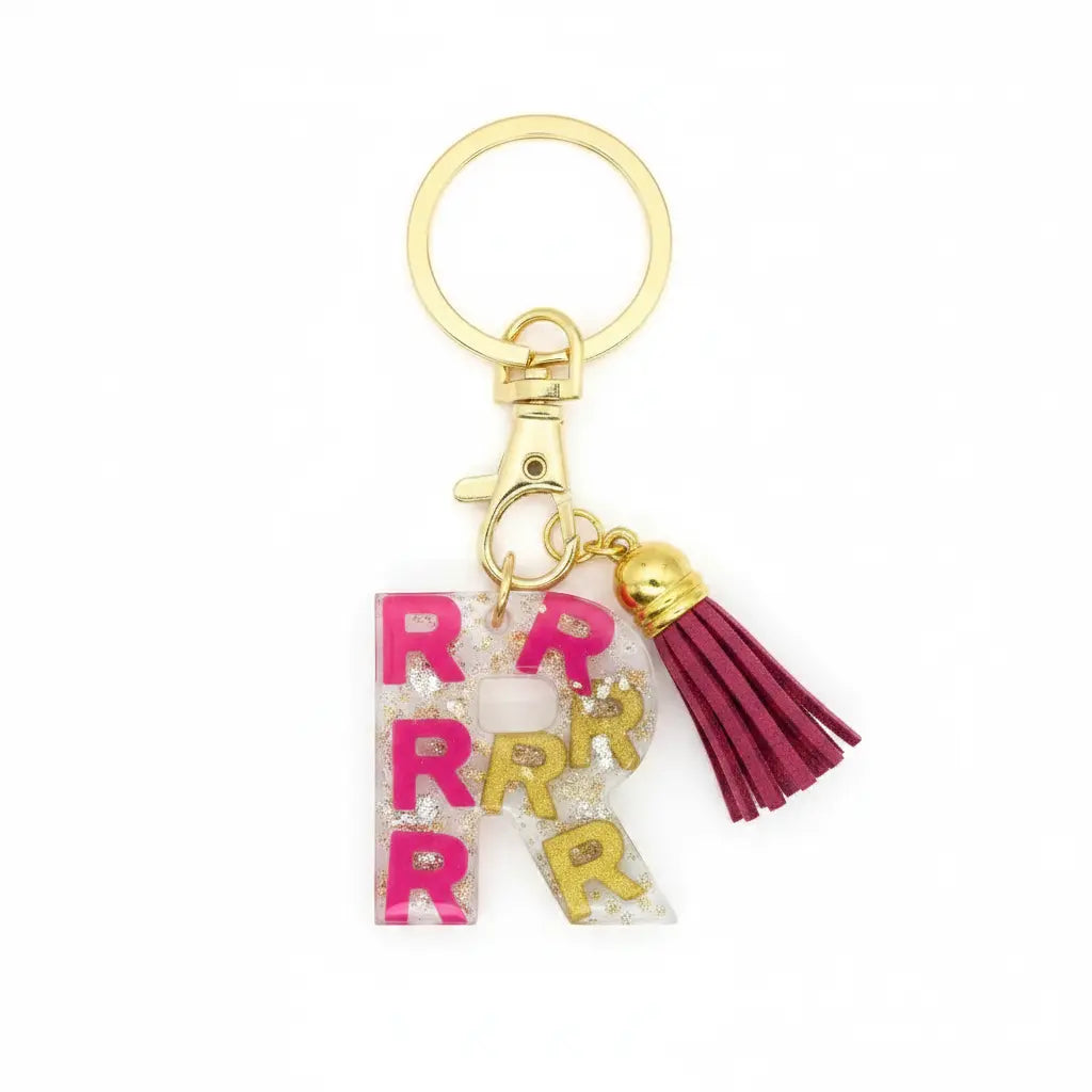 Personalised Letter R Resin Keyring with Dark Pink Tassel | Phresh Fashion