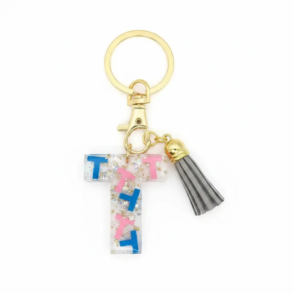 Personalised Letter T Resin Keyring with Grey Tassel | Phresh Fashion