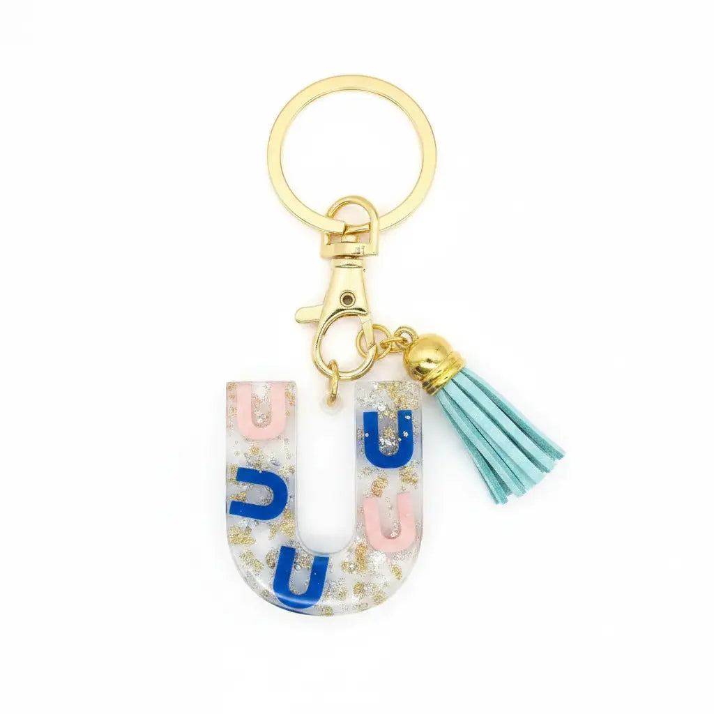 Personalised Letter U Resin Keyring with Light Blue Tassel | Phresh Fashion
