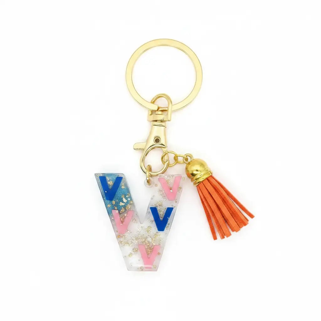 Personalised Letter V Resin Keyring with Orange Tassel | Phresh Fashion