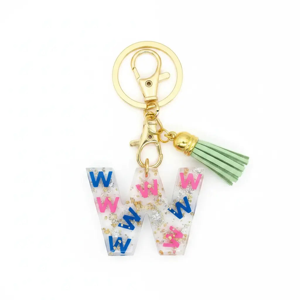Personalised Letter W Resin Keyring with Light Green Tassel | Phresh Fashion