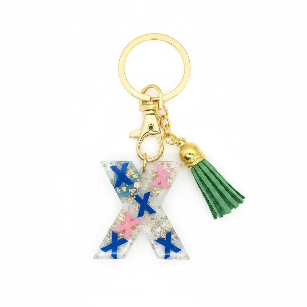 Personalised Letter X Resin Keyring with Green Tassel | Phresh Fashion