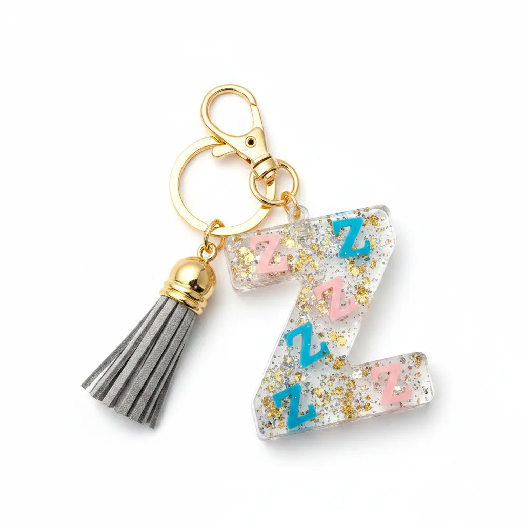 Personalised Letter Z Resin Keyring with Grey Tassel | Phresh Fashion
