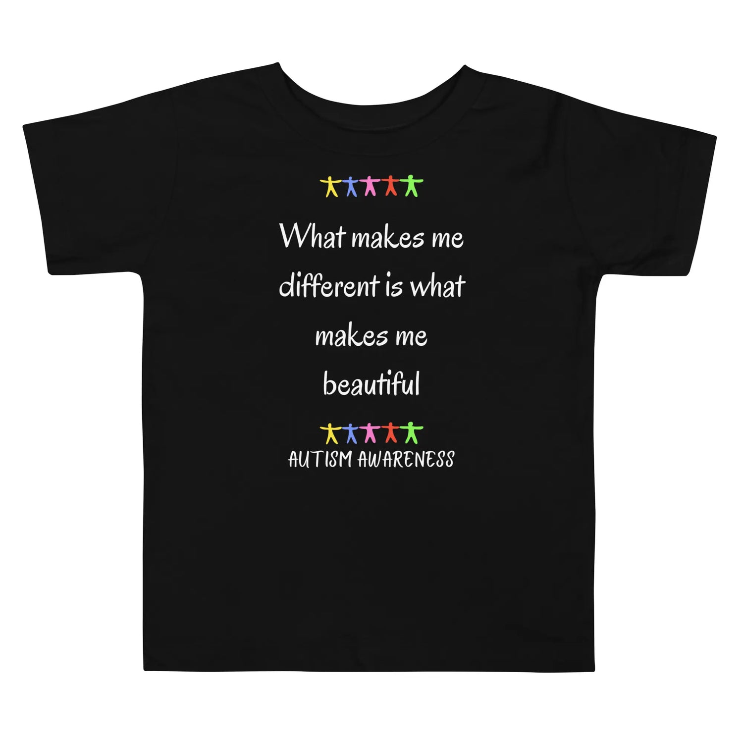 Black t-shirt with autism awareness message and rainbow-colored stick figures on a white background