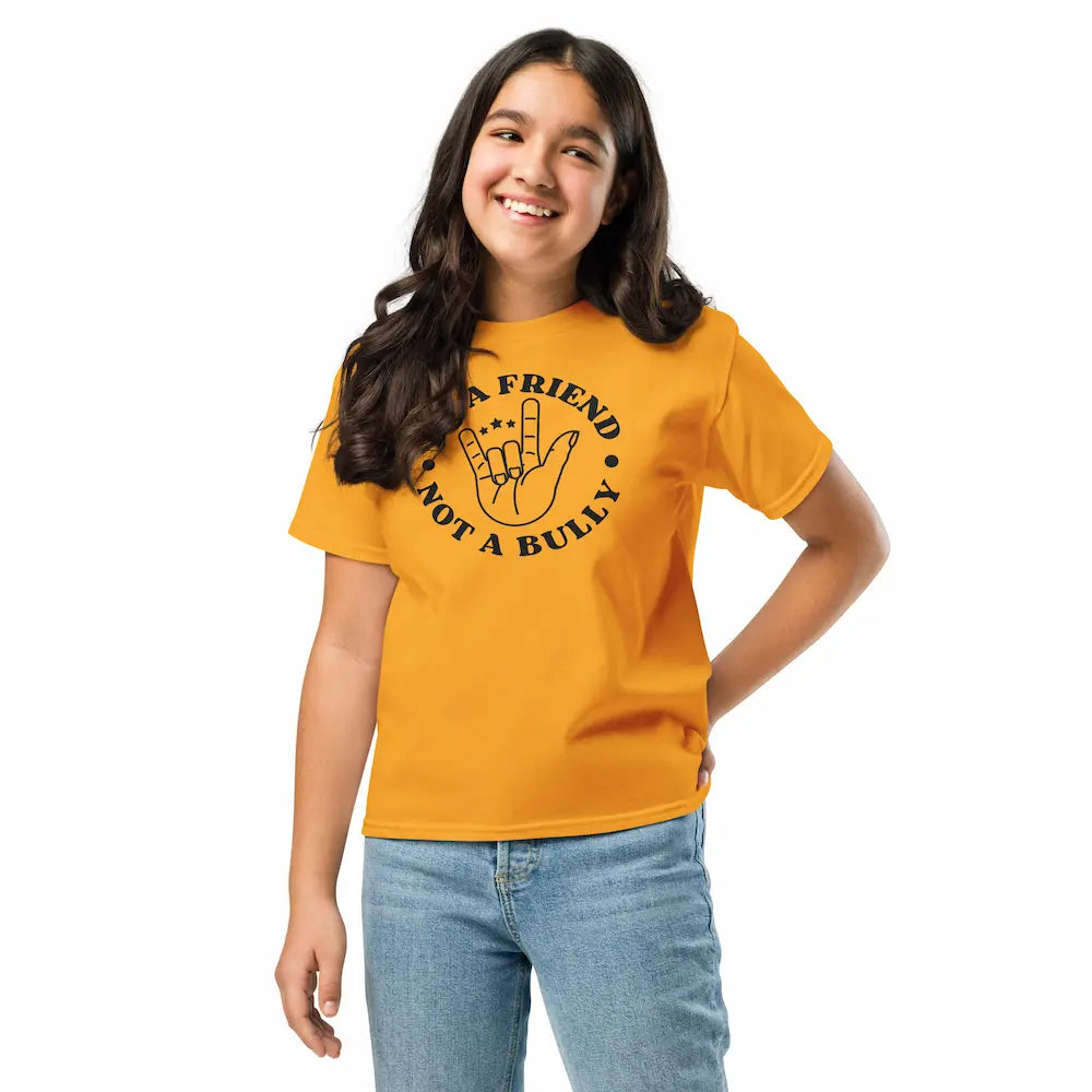 Girl wearing a yellow t-shirt with a message on a white background